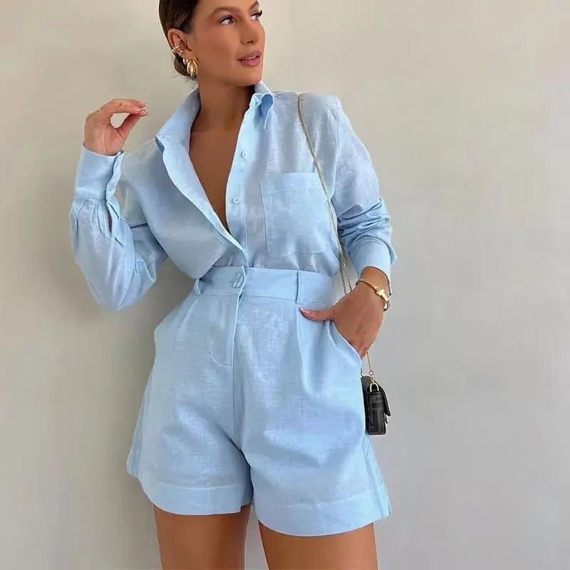 Amelia linen shorts set - Light Blue