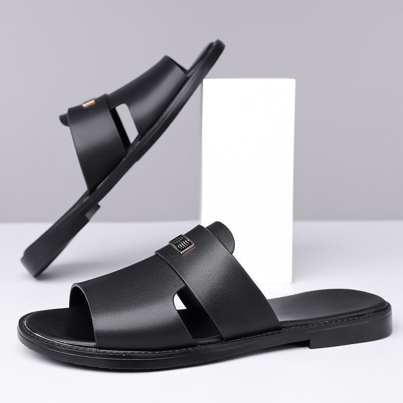 August flat slide leather sandals - Black pair view