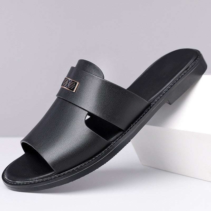 August flat slide leather sandals - Black