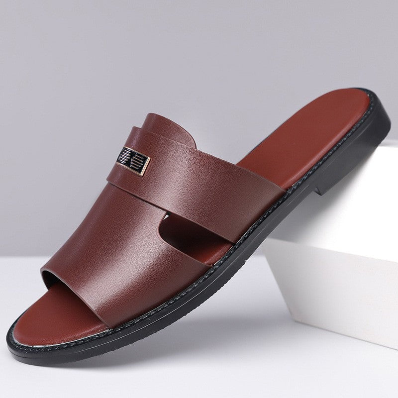 August flat slide leather sandals - Dark Brown