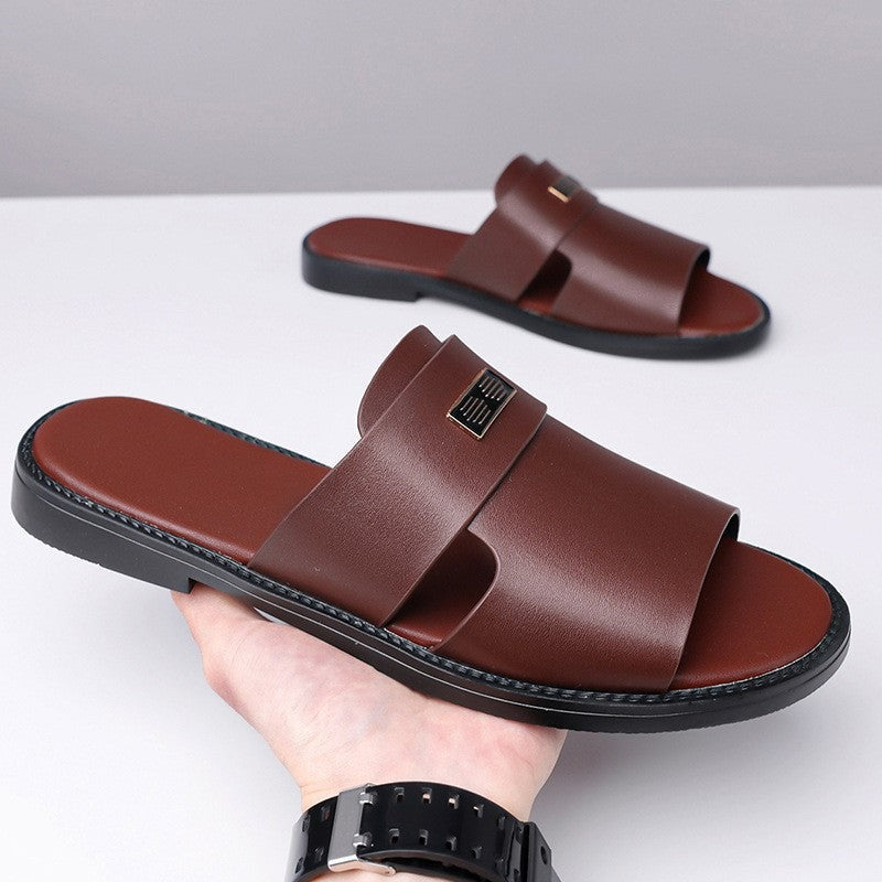 August flat slide leather sandals - Dark Brown pair view