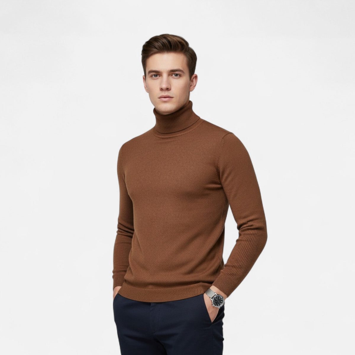 brown-turtleneck sweater