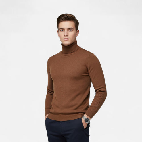 brown-turtleneck sweater