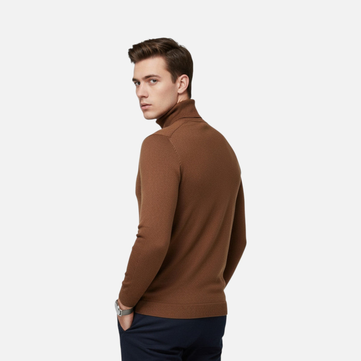brown-turtleneck sweater