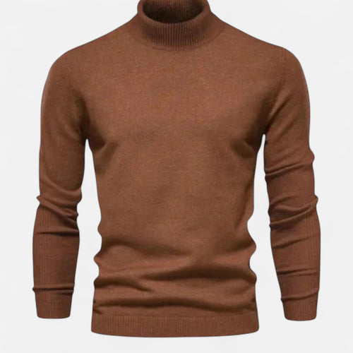 brown-turtleneck sweater