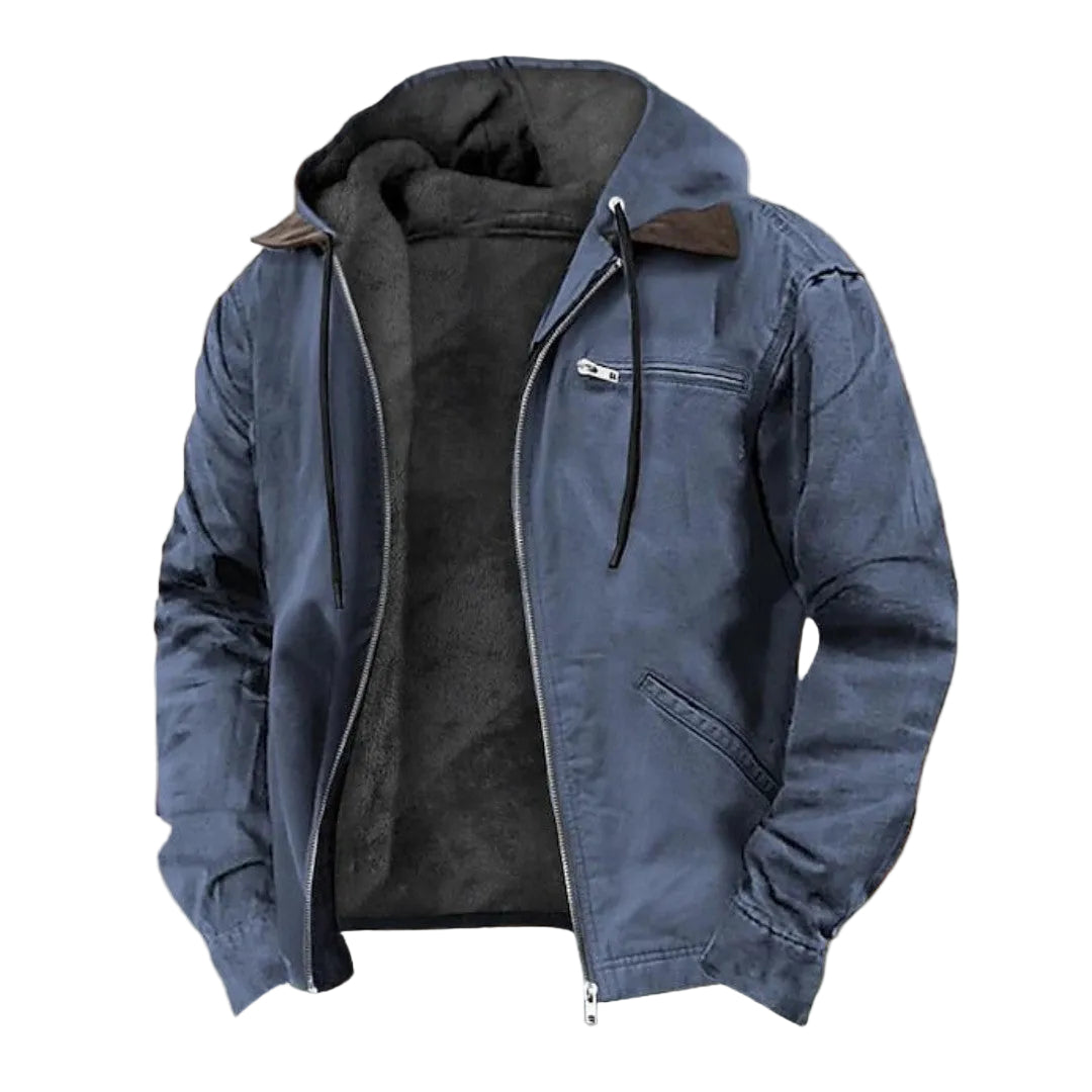 blue-hooded jacket