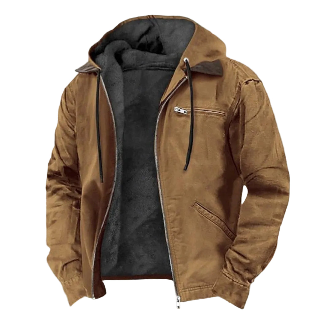 brown-hooded jacket