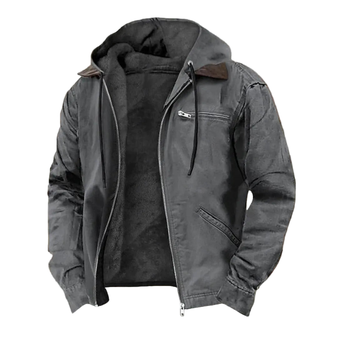 gray-hooded jacket