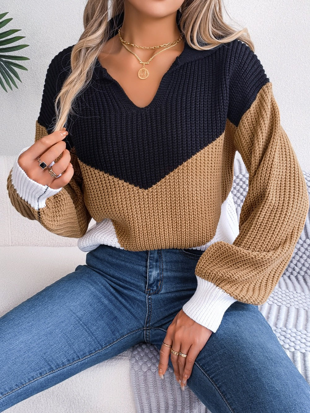 brown-v-neck sweater