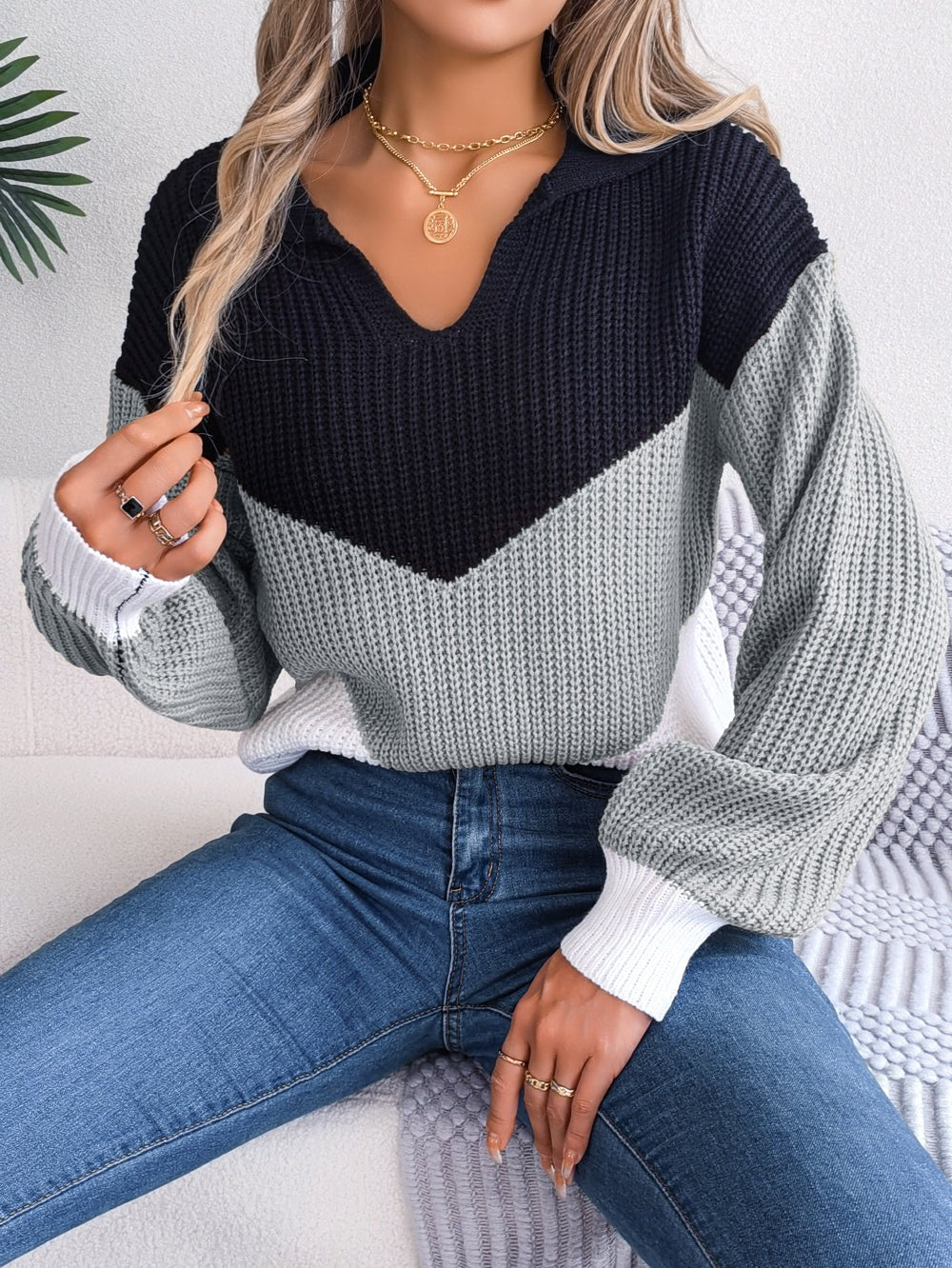 gray-v-neck sweater