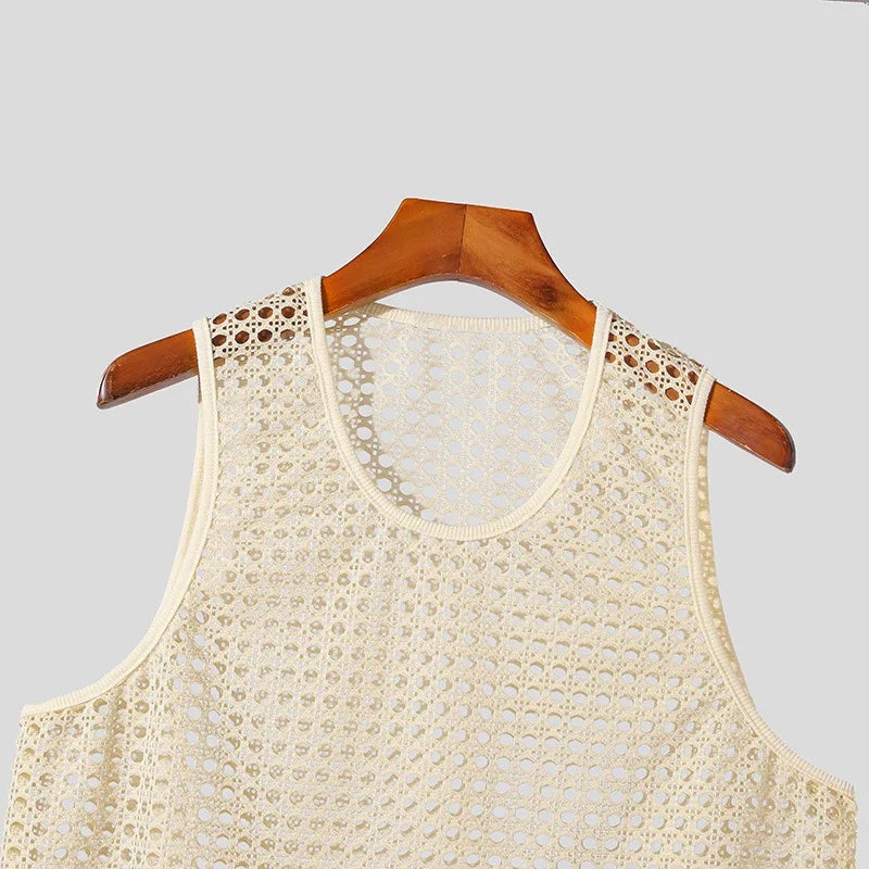 Carter crochet tank top in beige neckline detail