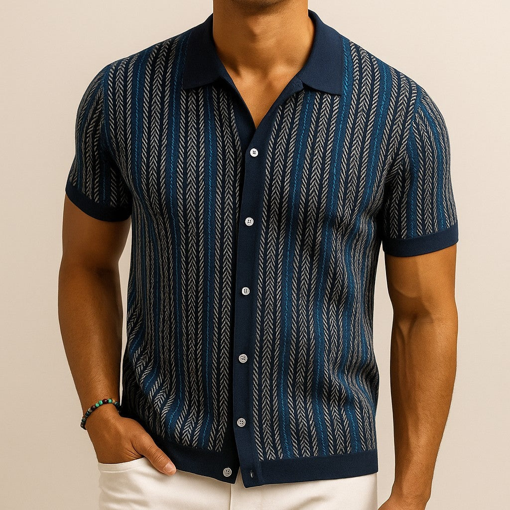 Henry striped knit button up shirt - Navy