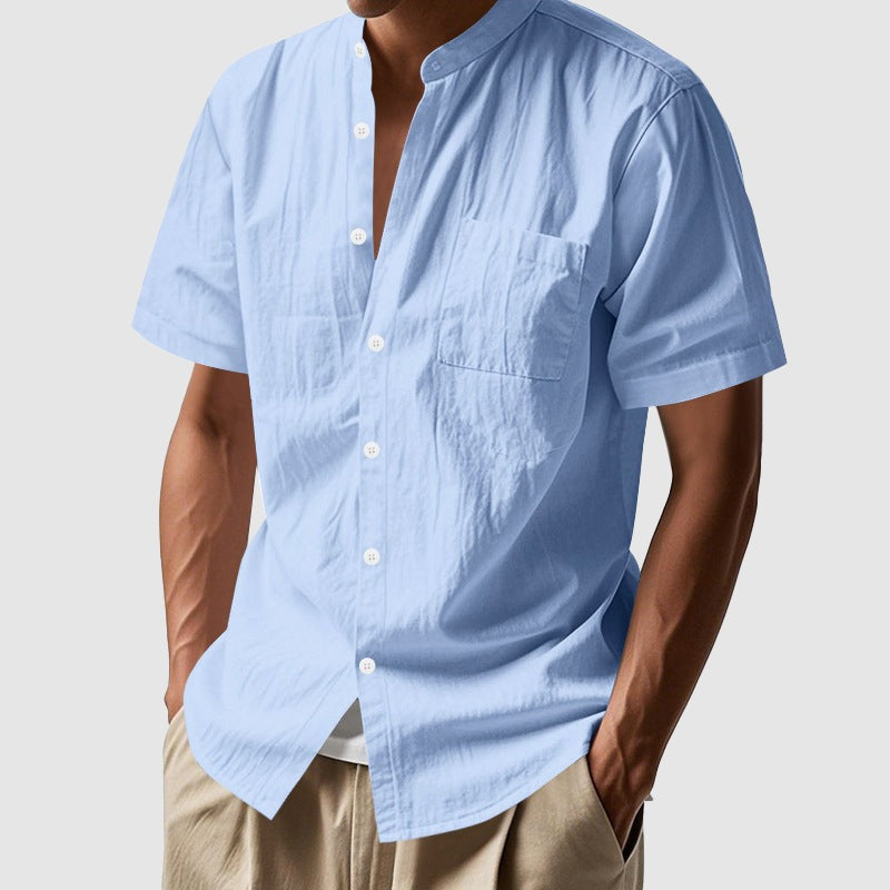 John linen mandarin collar shirt - Blue