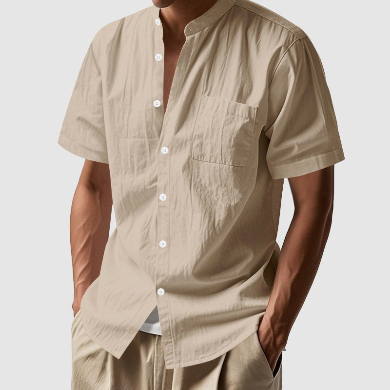 John linen mandarin collar shirt - Khaki