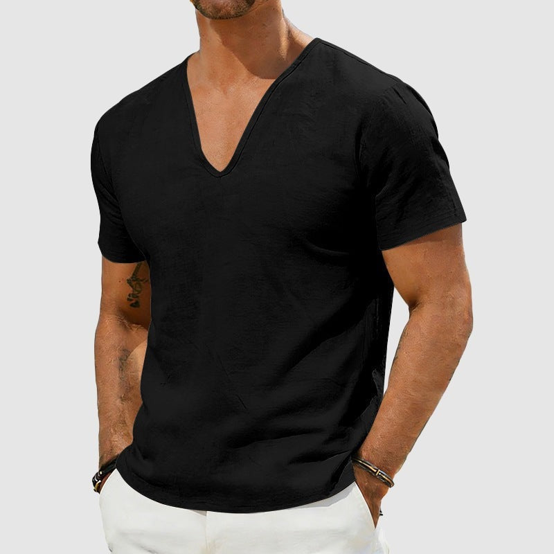 Leo linen v neck t shirt - Black