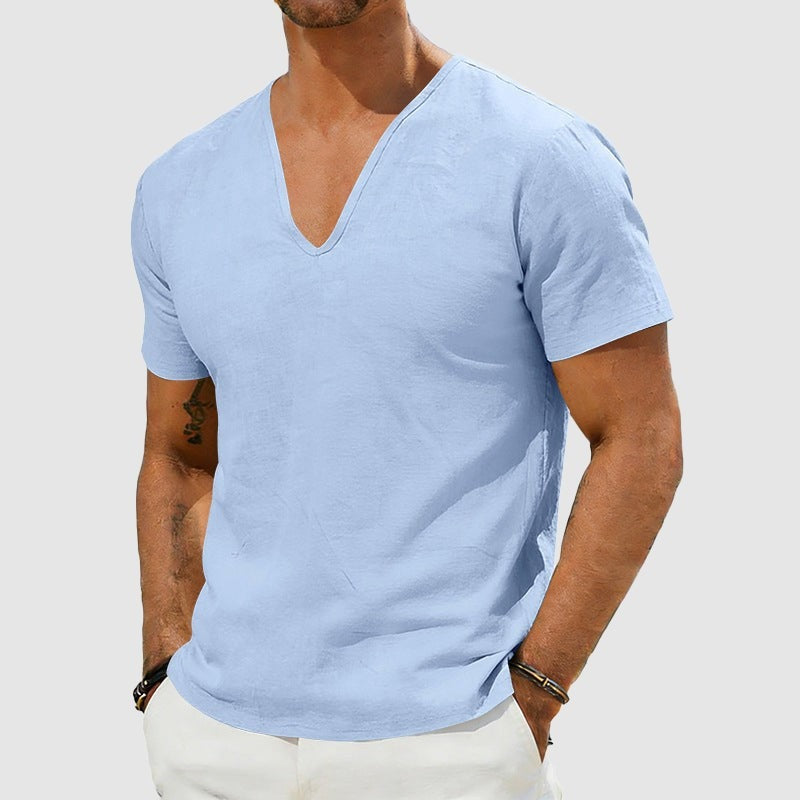 Leo linen v neck t shirt - Blue