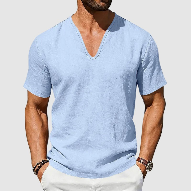 Leo linen v neck t shirt - Blue detail