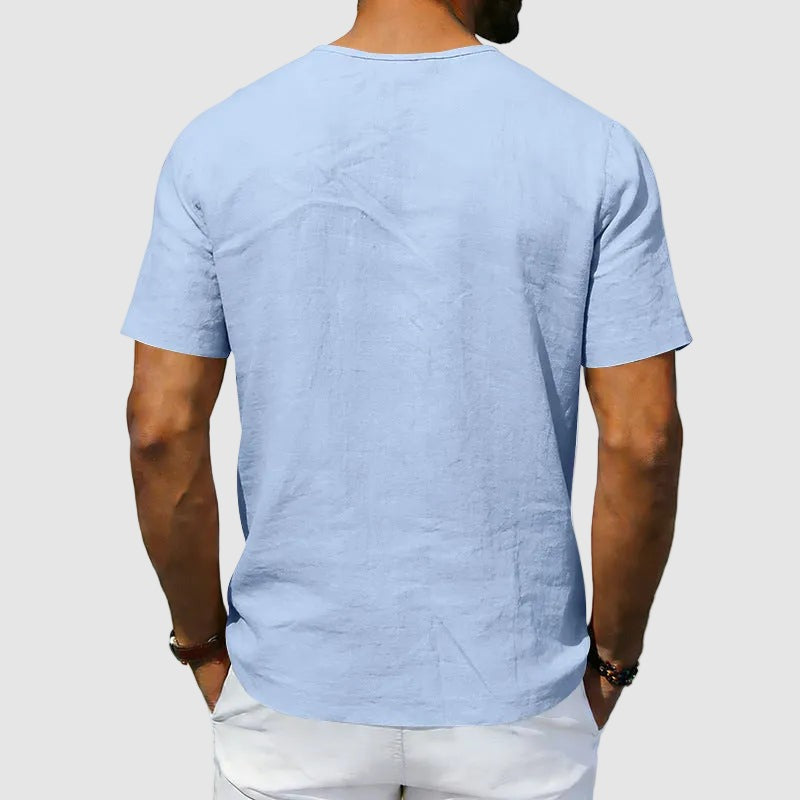 Leo linen v neck t shirt - Blue detail