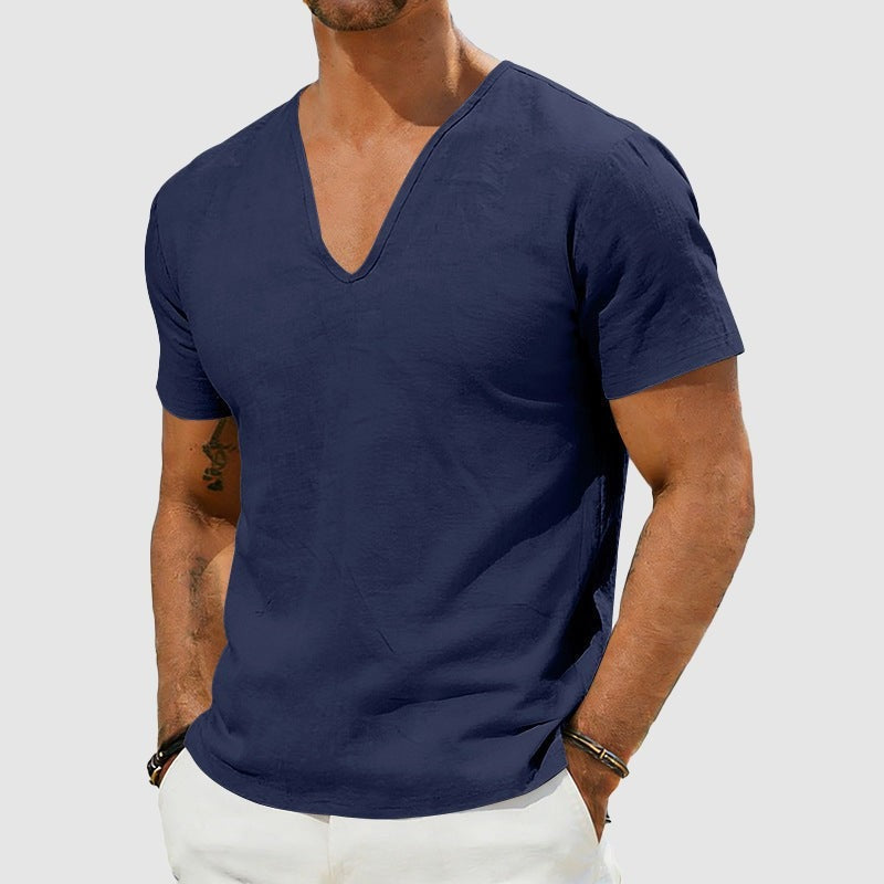 Leo linen v neck t shirt - Dark Blue