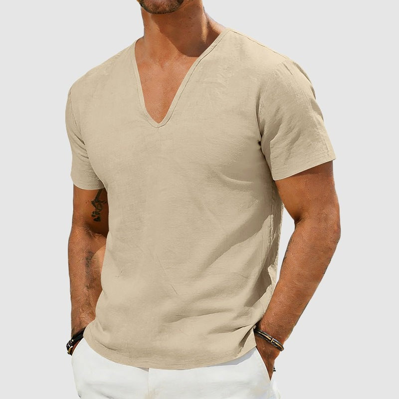 Leo linen v neck t shirt - Khaki