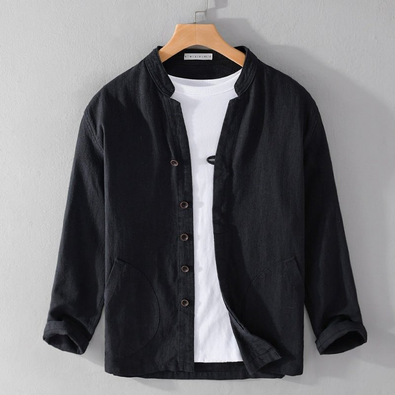 Magnus mandarin collar linen shirt - Black