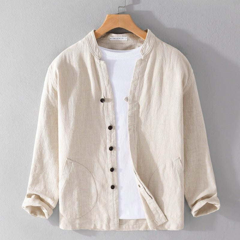 Magnus mandarin collar linen shirt - Khaki