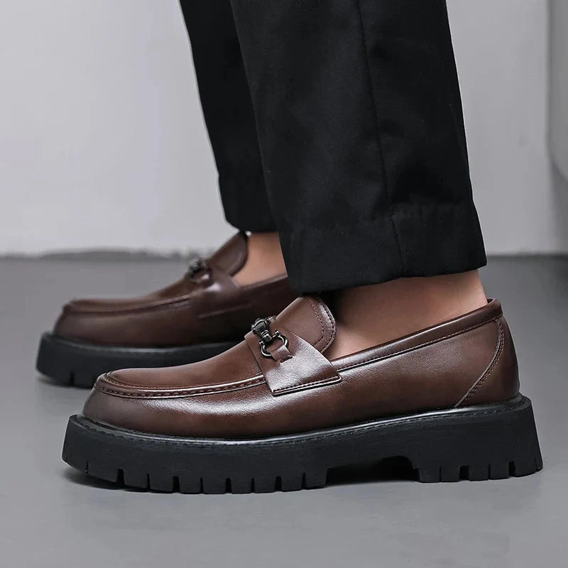 Magnus Brown loafers worn with black trousers - side angle