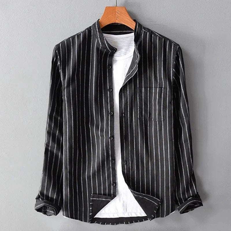 Marlon linen mandarin collar shirt - Black