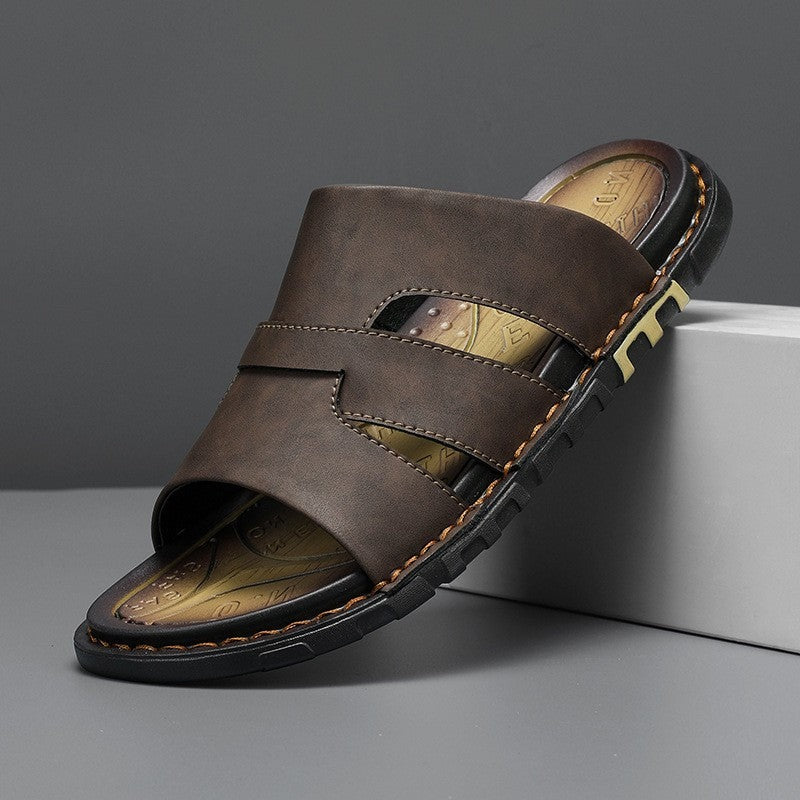 Reeve leather slide sandals - Dark Brown