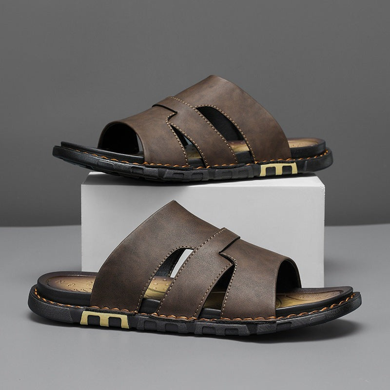 Reeve leather slide sandals - Dark Brown pair view