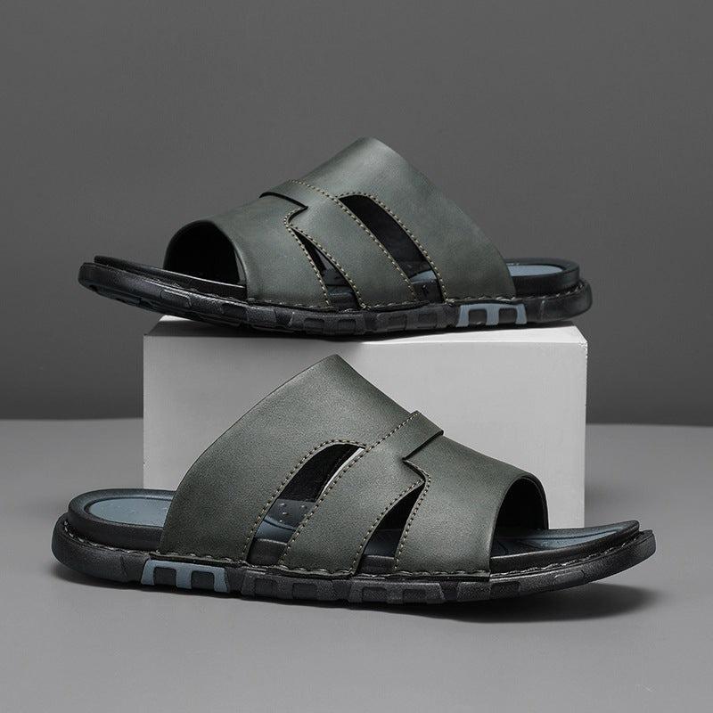 Reeve leather slide sandals - Dark Green pair view