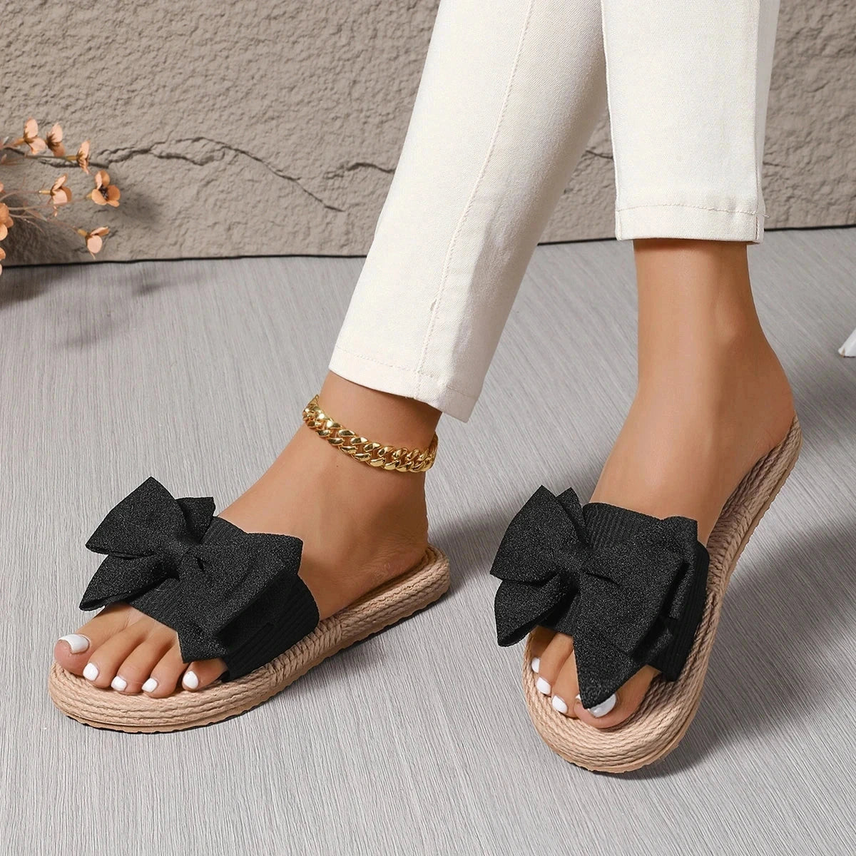 Sophia raffia bow slide sandals - Black