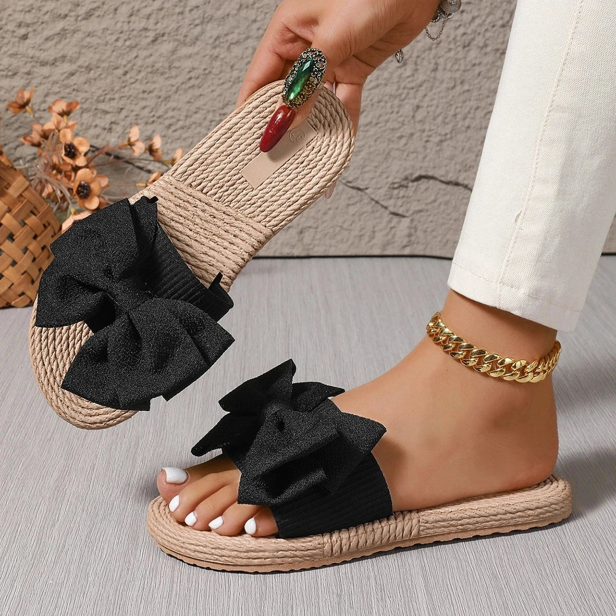 Sophia raffia bow slide sandals - Black