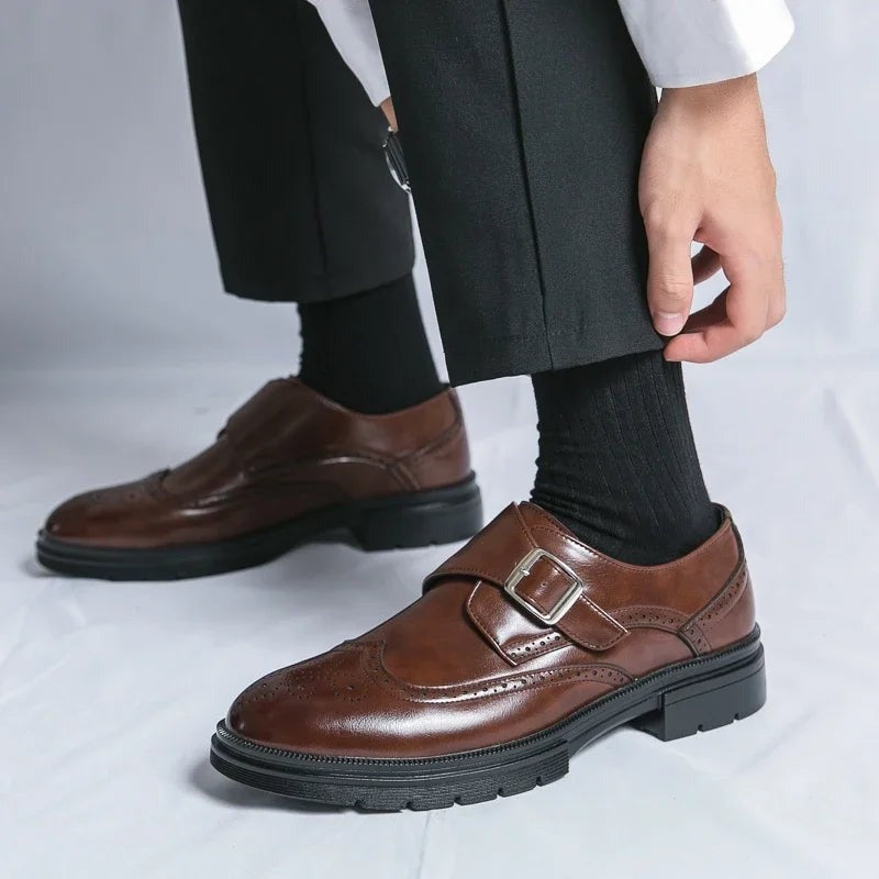Stefan brogue monk strap dress shoes - Brown worn view