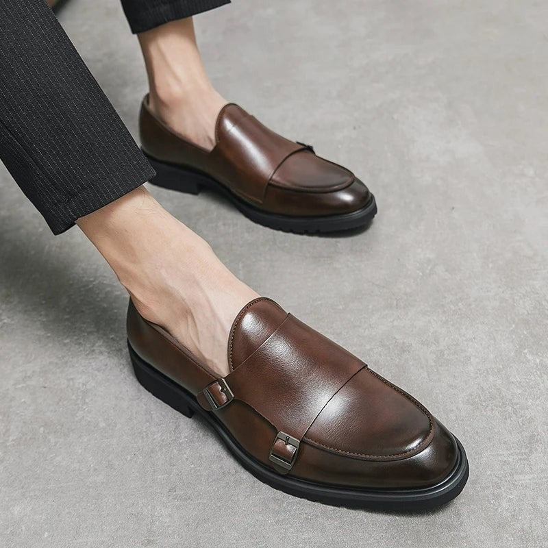 Stefan buckle monk strap dress shoes - Brown worn front view