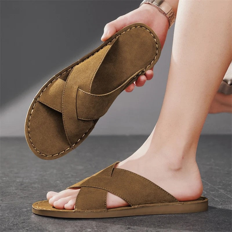Tomas suede slide sandals - Brown worn view