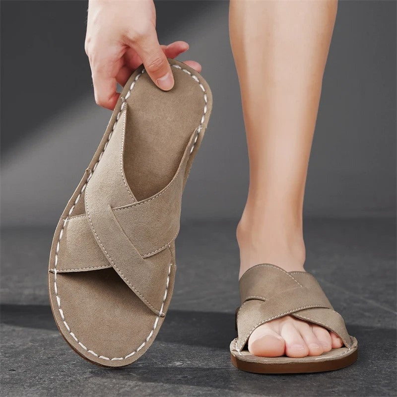 Tomas suede slide sandals - Sand worn view