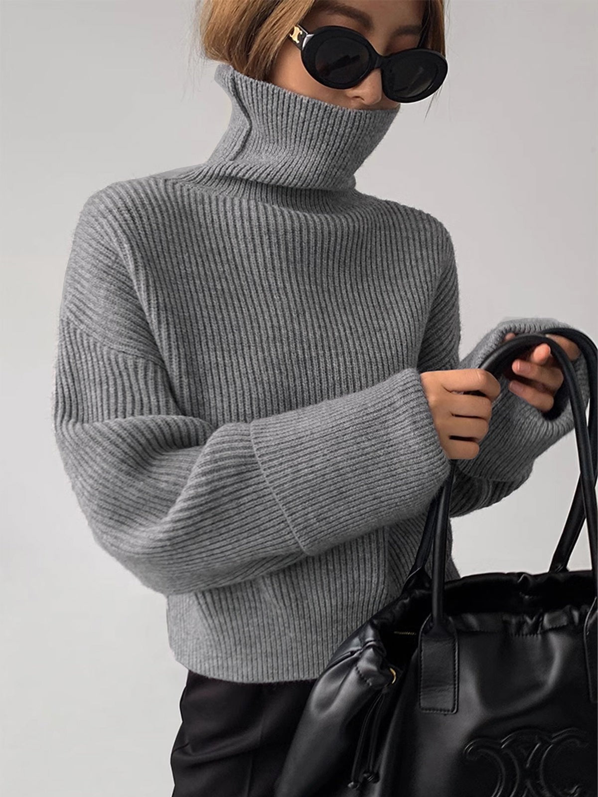 gray-turtleneck sweater