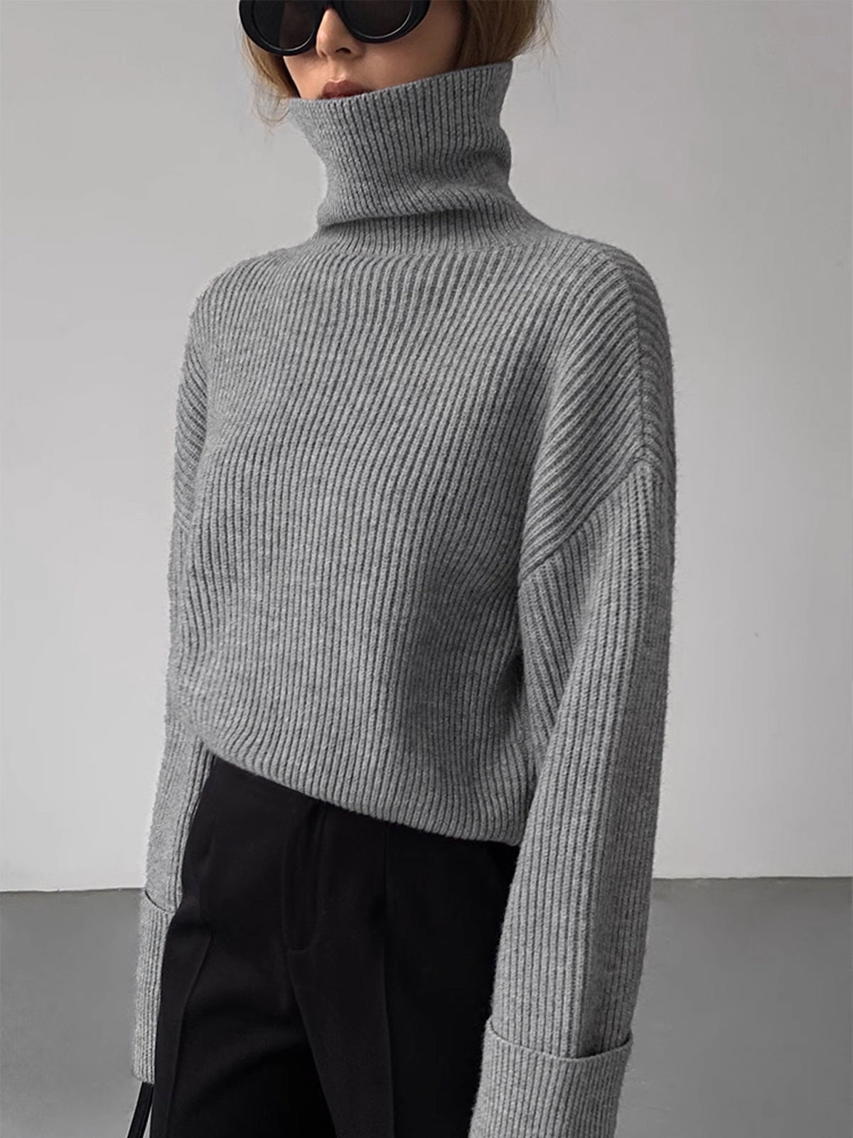 gray-turtleneck sweater