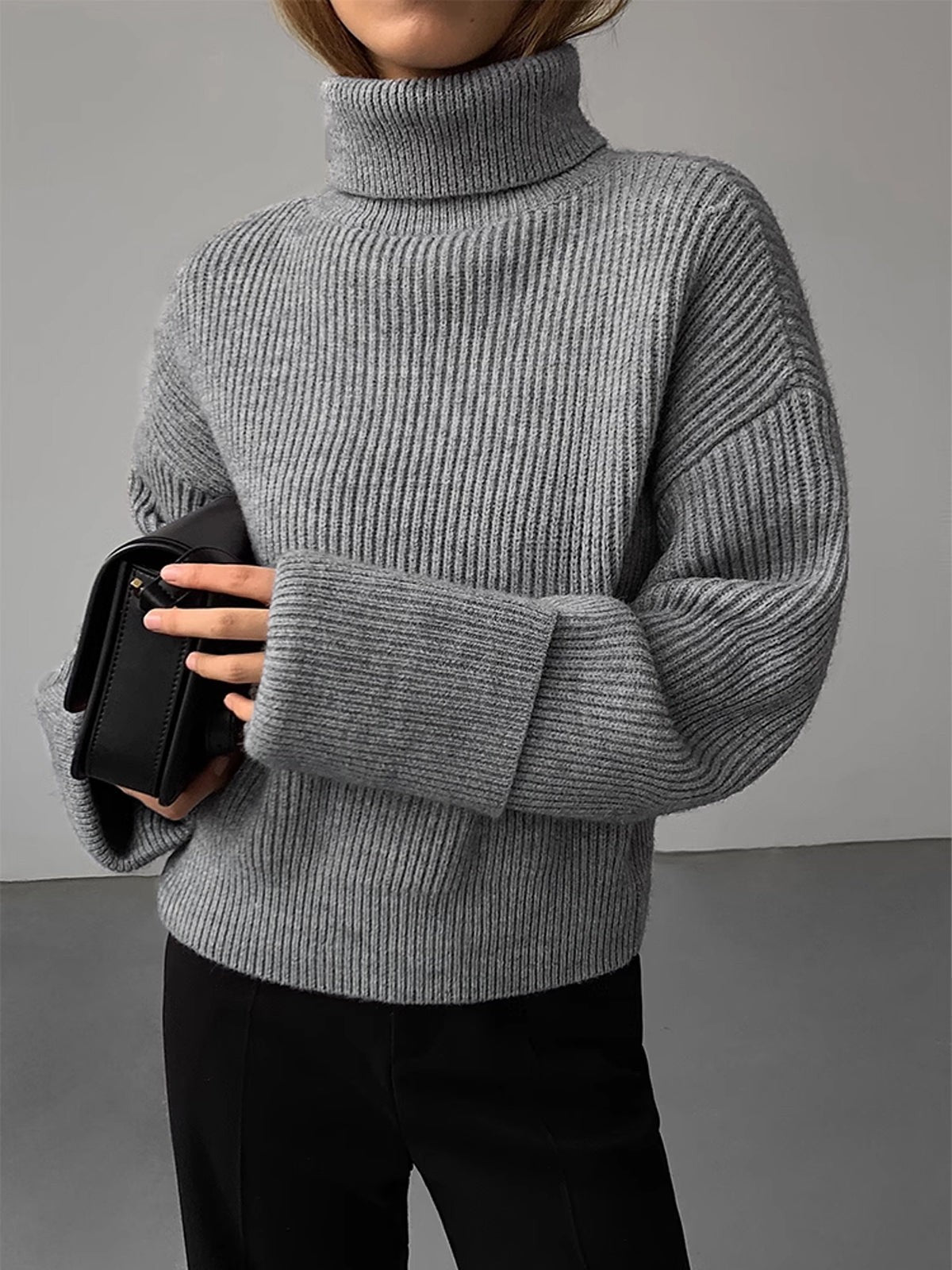 gray-turtleneck sweater