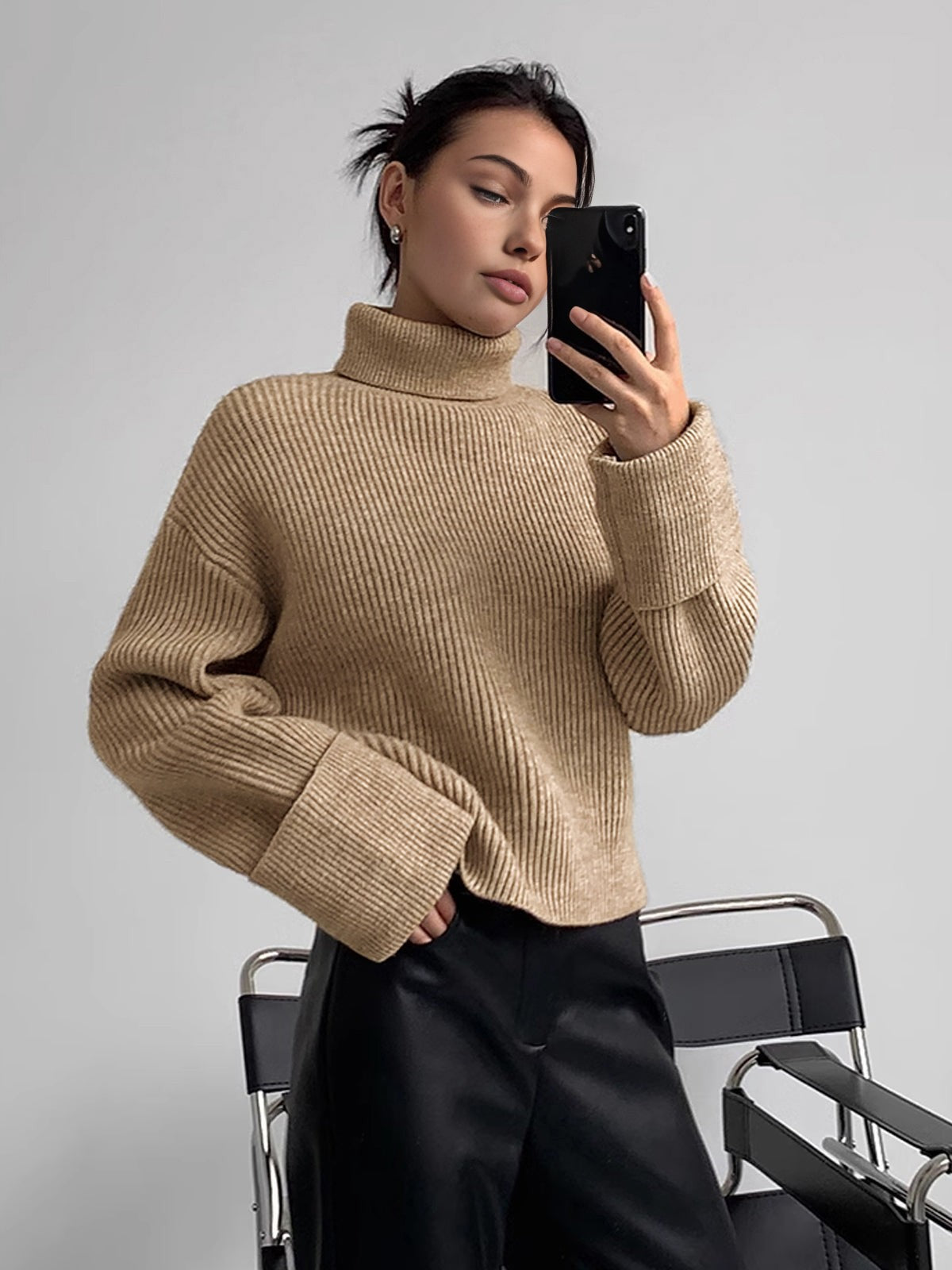 khaki-turtleneck sweater