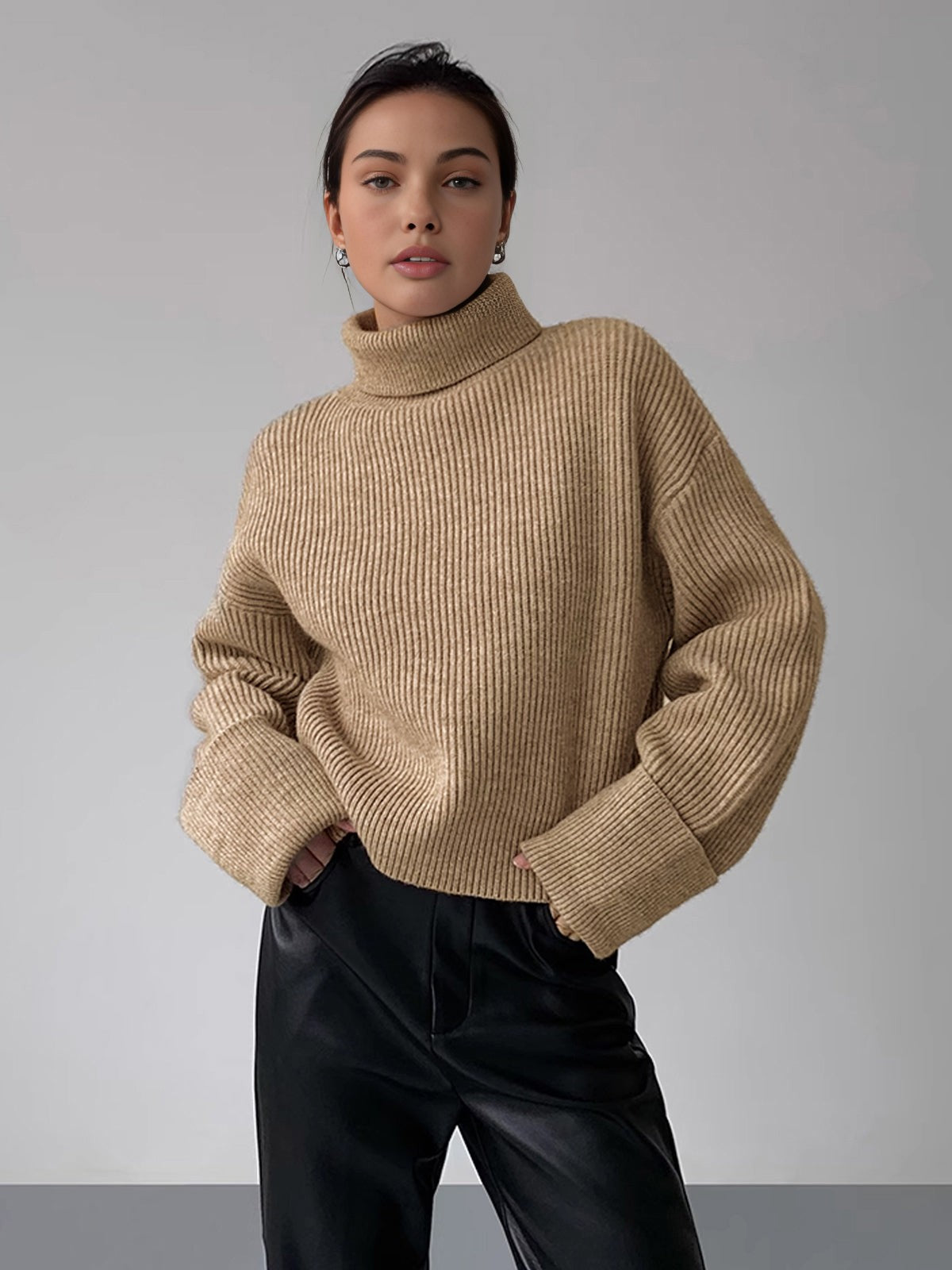 khaki-turtleneck sweater